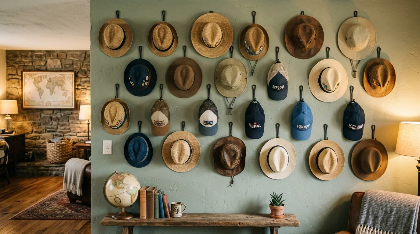 A collection of travel hats mounted on hooks forming an artistic display soft lighting unique personal decor no people