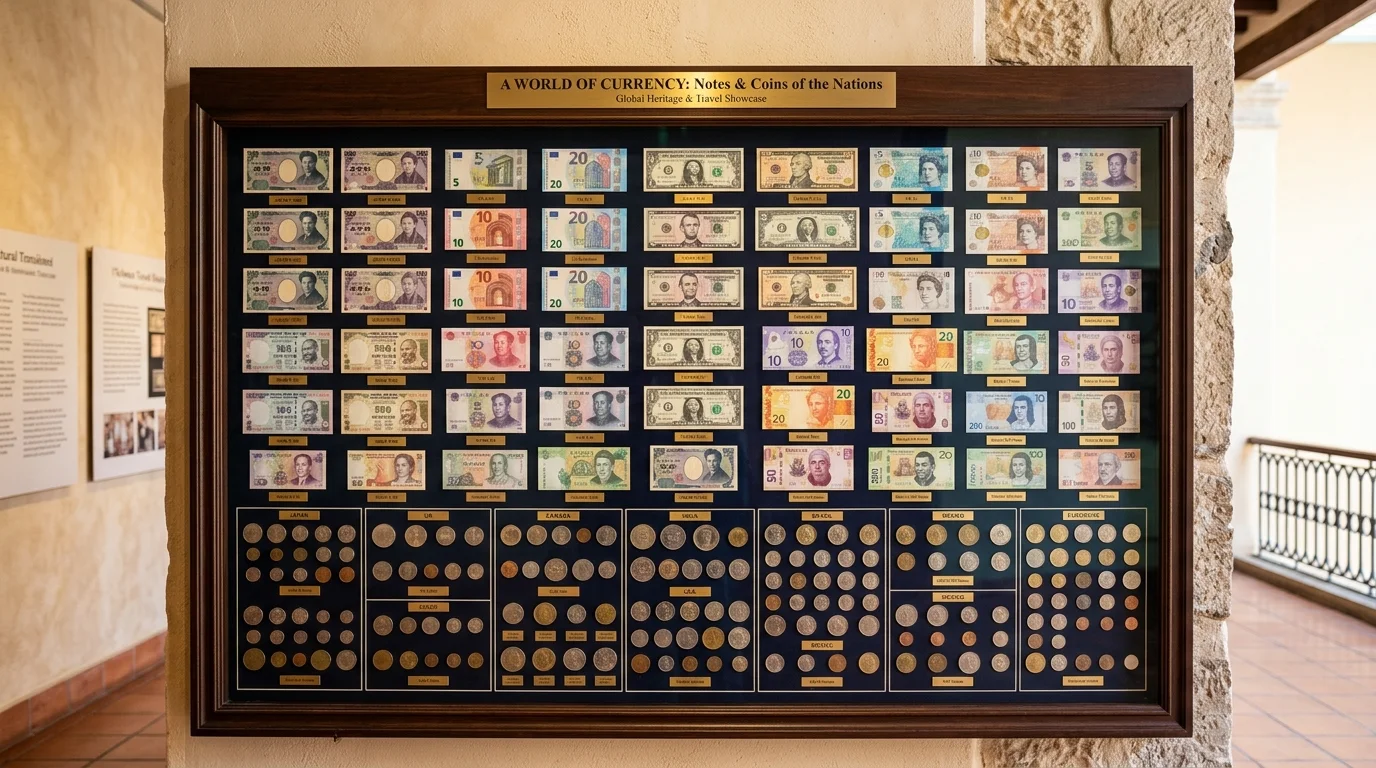 A framed collection of currency notes and coins from different countries bright lighting cultural travel showcase no people