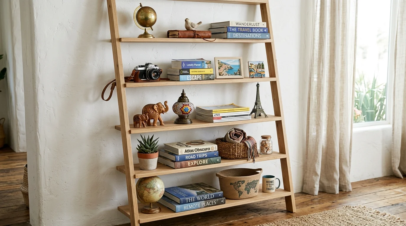 A ladder shelf styled with travel books souvenirs and decor bright natural daylight relaxed curated travel theme no people