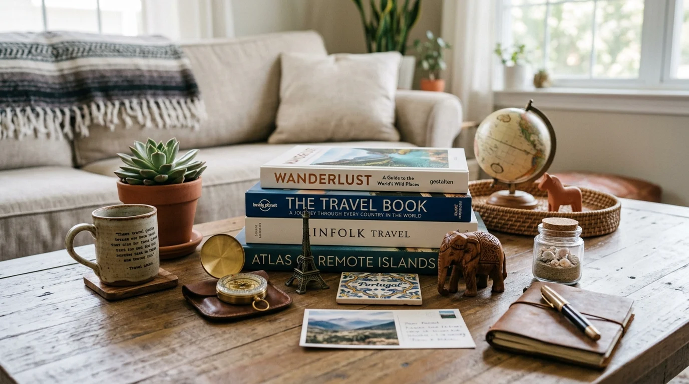 A coffee table display with travel books and small souvenirs arranged neatly soft lighting subtle wanderlust touch no people