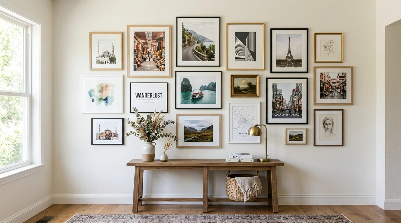 A gallery wall mixing travel photography and art pieces arranged in a balanced layout bright natural lighting stylish memory display no people
