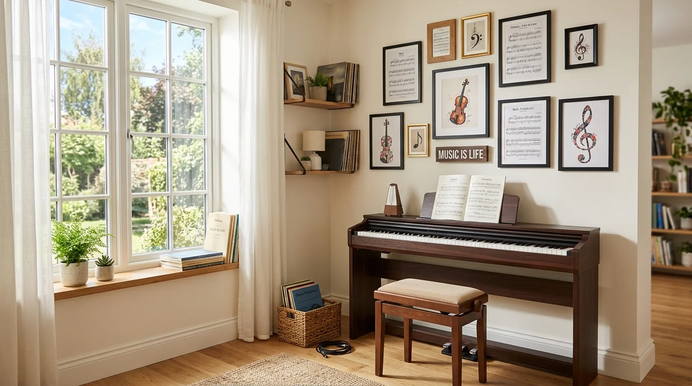 A corner with a digital piano against a wall decorated with framed music notes and art bright natural daylight creative musical space no people