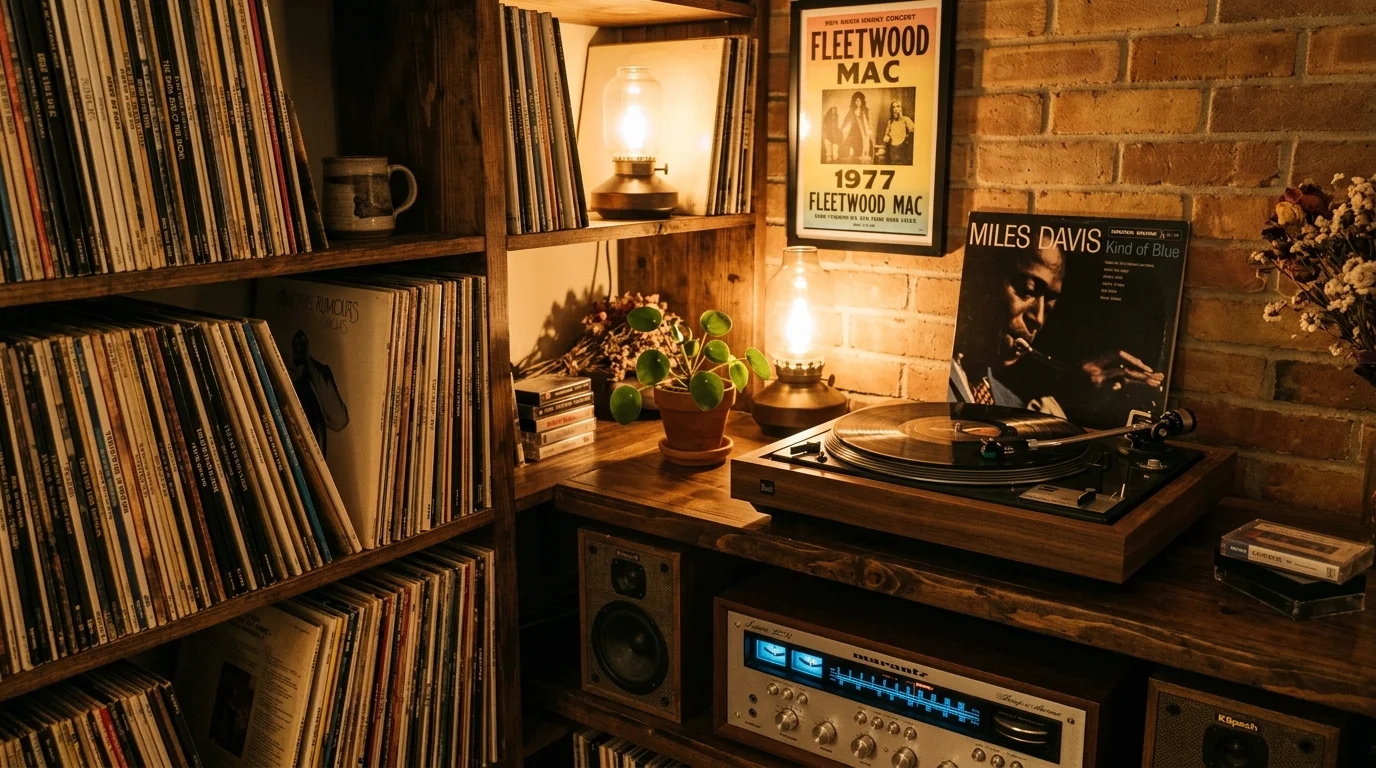A music nook with a record player and stacked vinyl records on a wooden shelf soft ambient lighting vintage melodic atmosphere no people