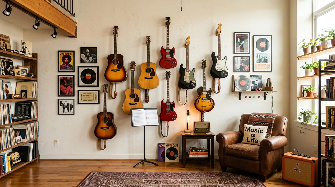 A space with wall mounted guitars arranged artistically above a seating area bright lighting expressive musical decor no people