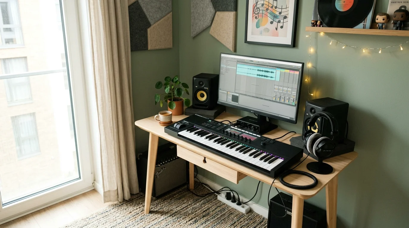 A cozy corner with a keyboard setup headphones and a small desk bright lighting modern creative music station no people