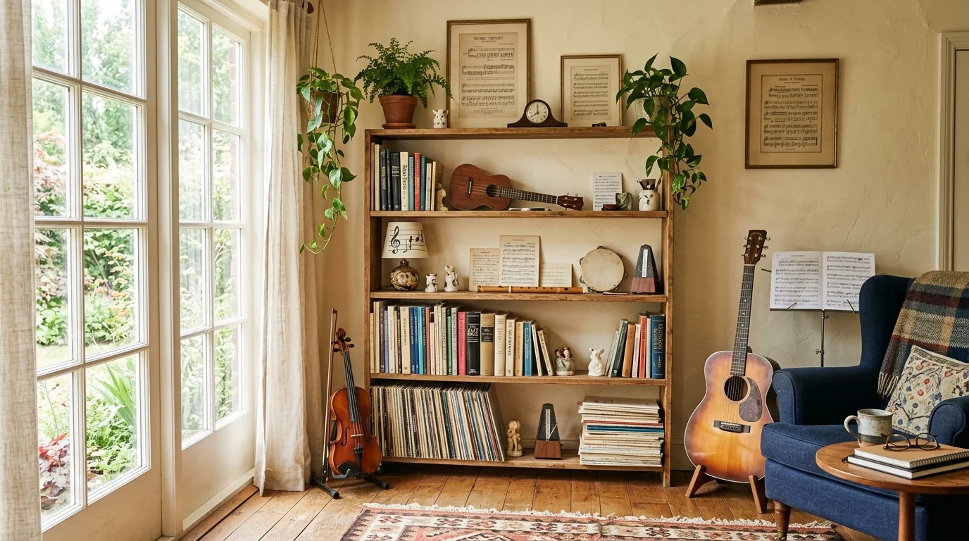 A music corner with a bookshelf filled with music books and decorative instruments bright natural light curated artistic nook no people