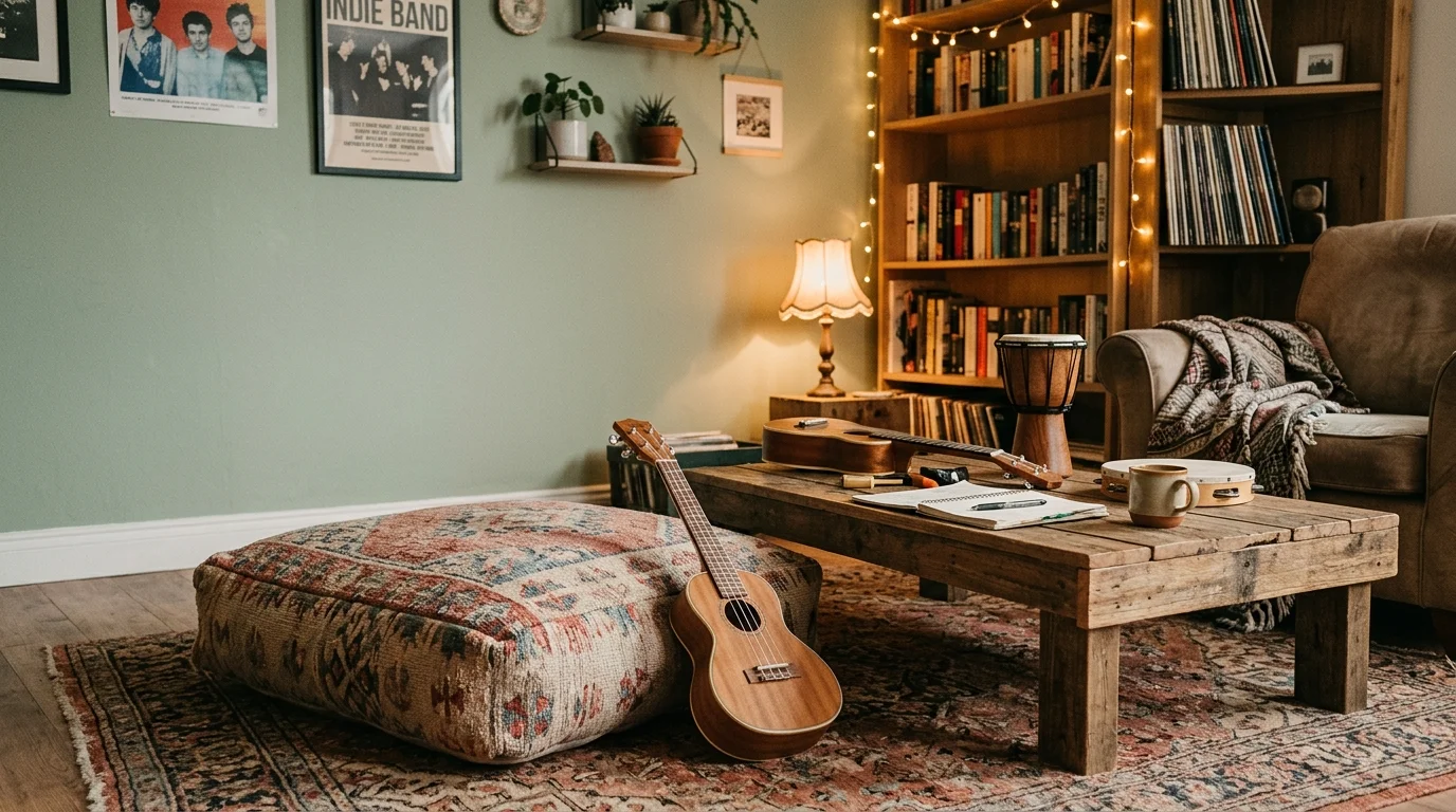 A relaxed space with a floor cushion low table and small instruments like a ukulele soft lighting intimate musical vibe no people