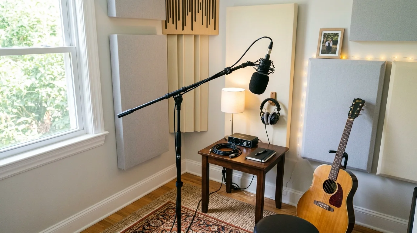 A corner with a microphone stand and simple recording setup bright lighting compact home studio feel no people