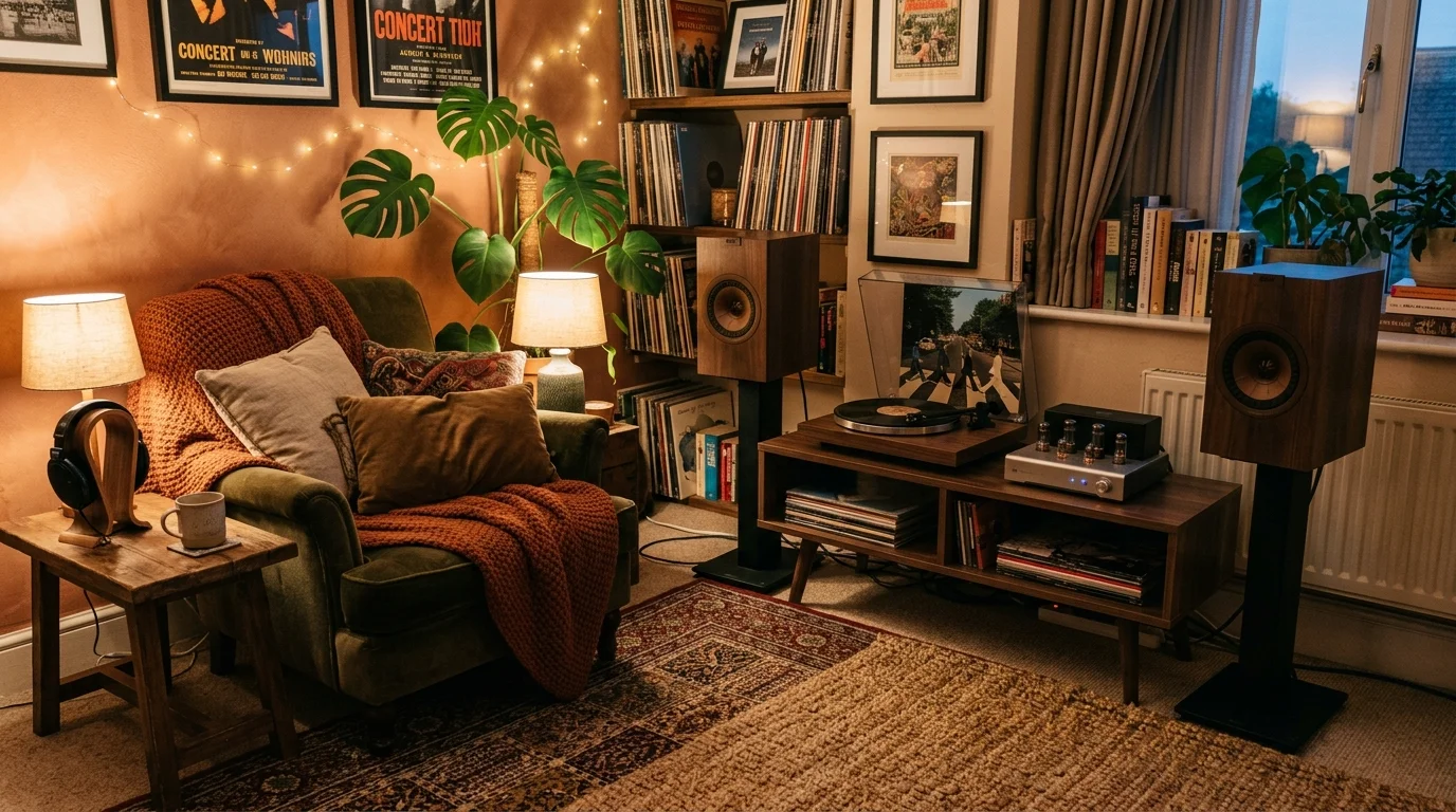 A music nook with soft rugs layered cushions and speakers creating a listening lounge warm ambient lighting cozy harmonious environment no people
