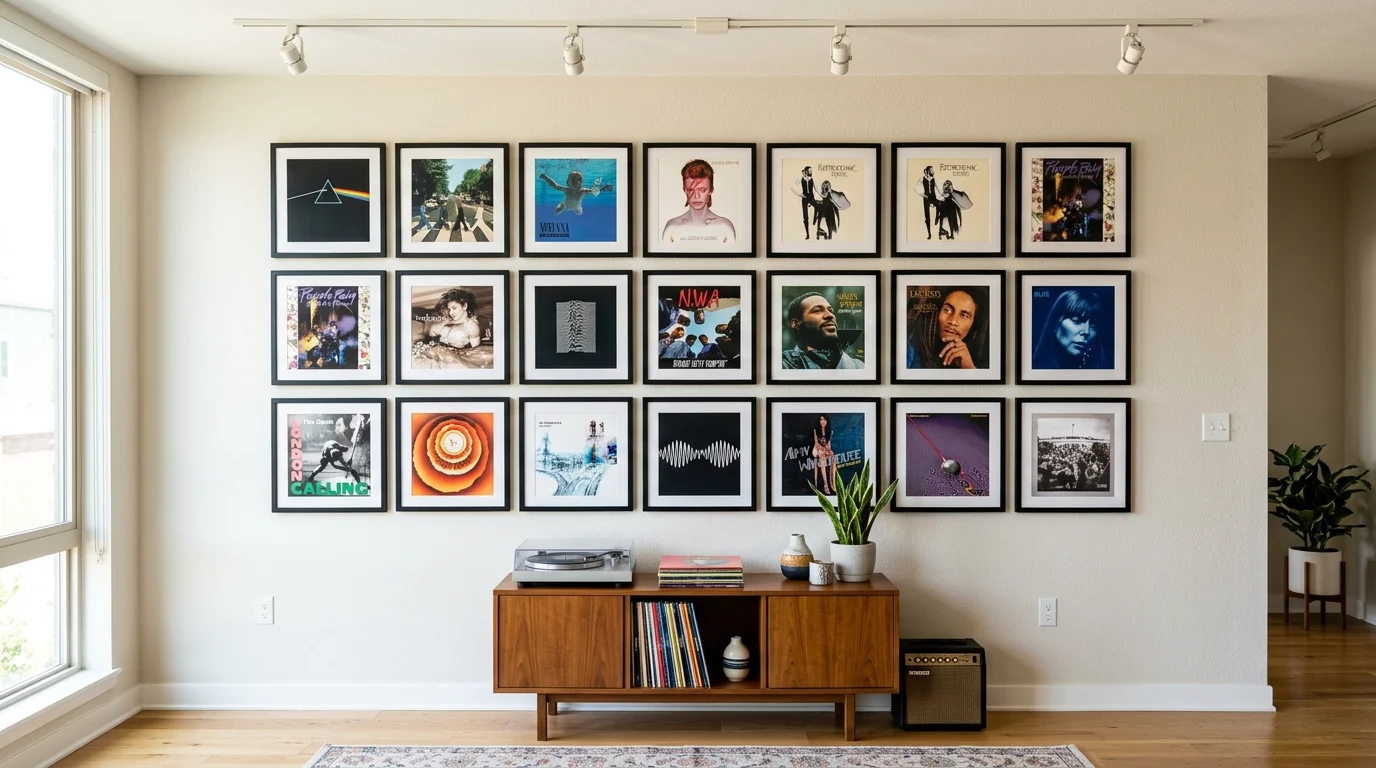 A wall with framed album covers arranged in a grid bright lighting stylish music inspired gallery decor no people
