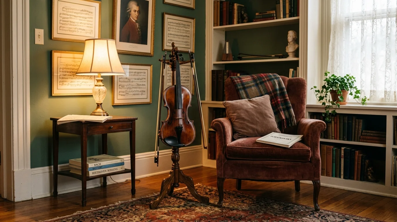 A cozy corner with a violin displayed on a stand beside a chair soft lighting elegant classical music decor no people