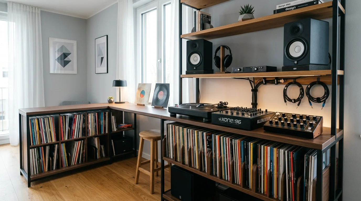 A modern music corner with sleek shelving for equipment and minimal decor bright lighting clean organized setup no people