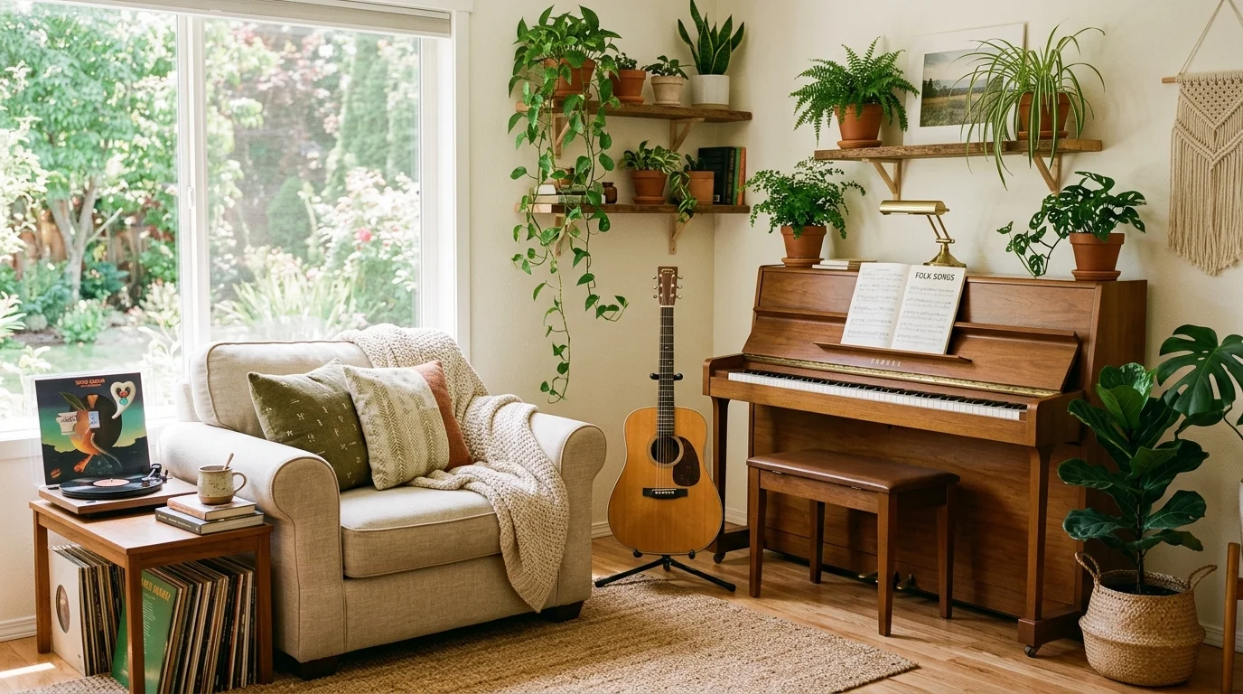 A peaceful music nook with plants soft seating and instruments placed nearby bright natural daylight balanced relaxing musical retreat no people