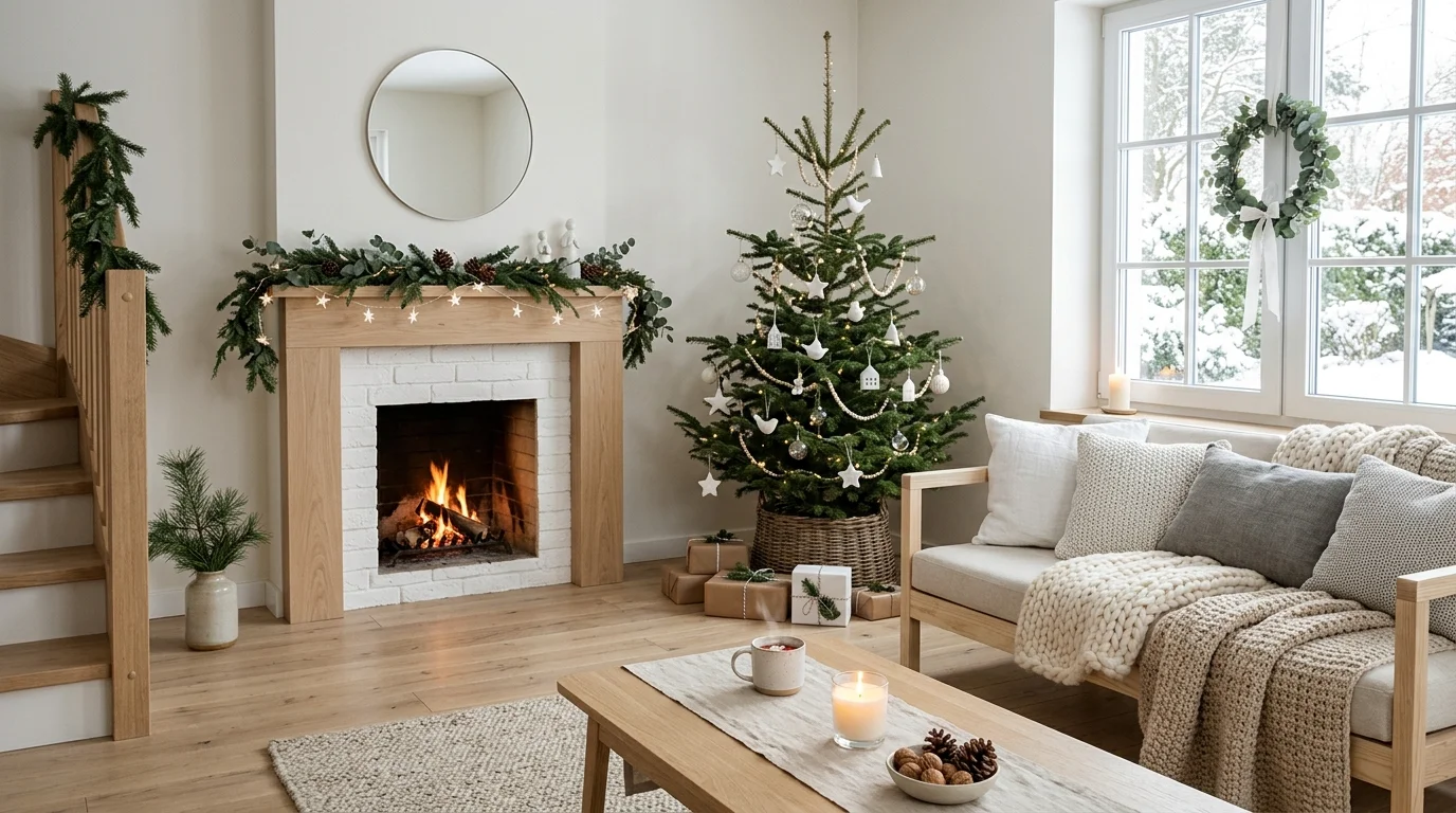 Scandinavian holiday decor with light wood furniture, white ornaments, subtle greenery garlands, and cozy knit textures for serene festive style no people