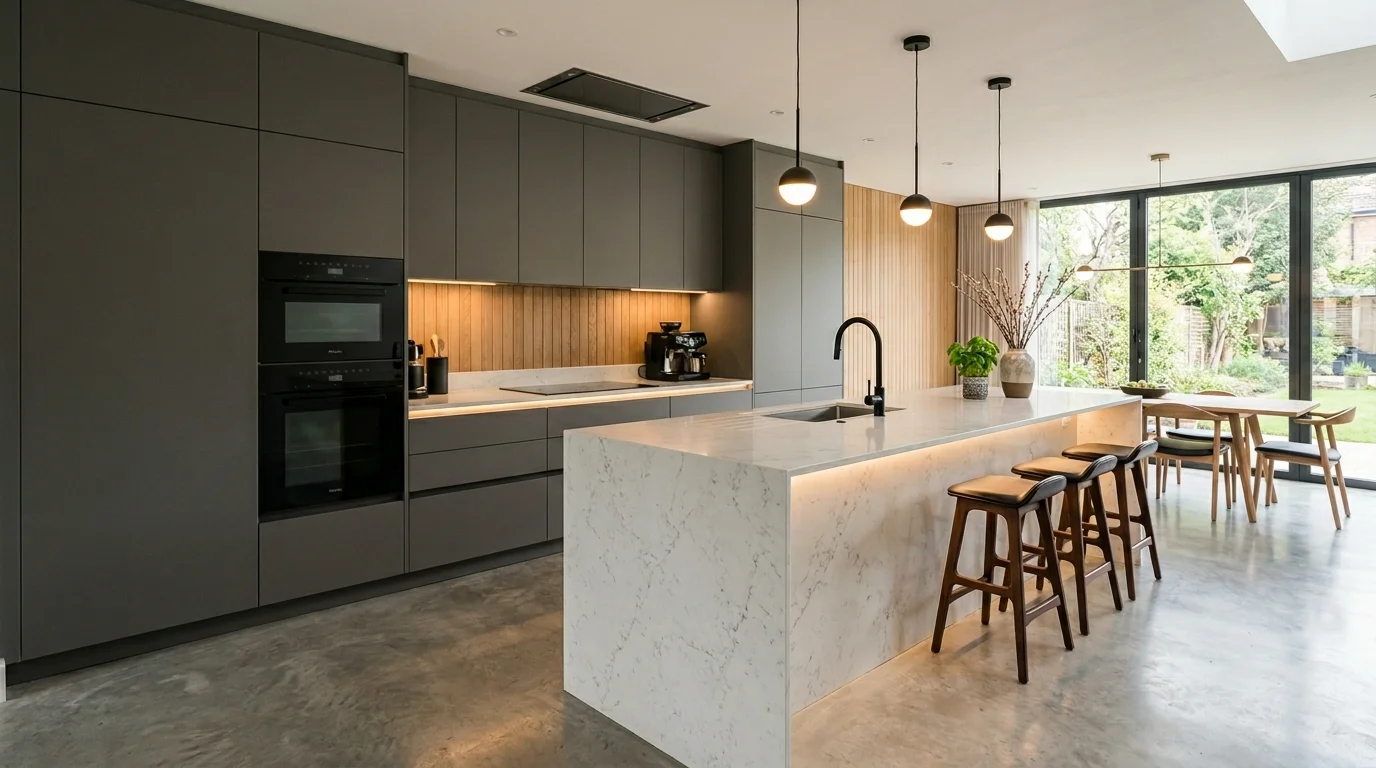 Clean Nordic Christmas setup with small undecorated tree, paper star ornaments, and soft warm lighting for understated seasonal charm no people