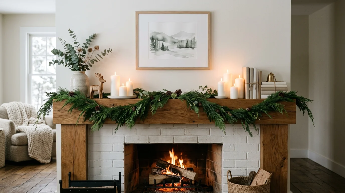 Minimal Christmas mantel with simple evergreen garland, white candles, and neutral decor for peaceful Scandinavian aesthetic no people