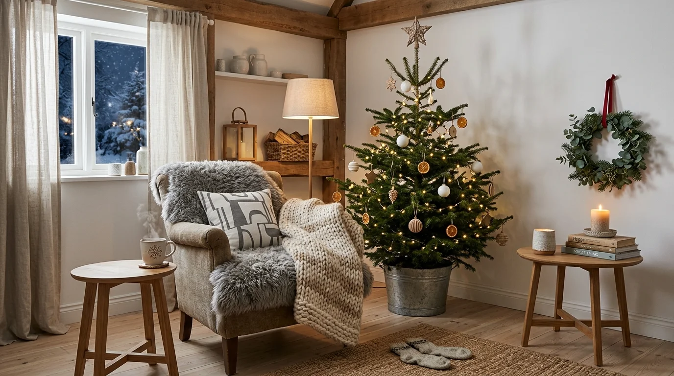 Cozy Nordic Christmas corner with sheepskin throw, simple tree, soft lighting, and uncluttered decor for hygge-inspired comfort no people