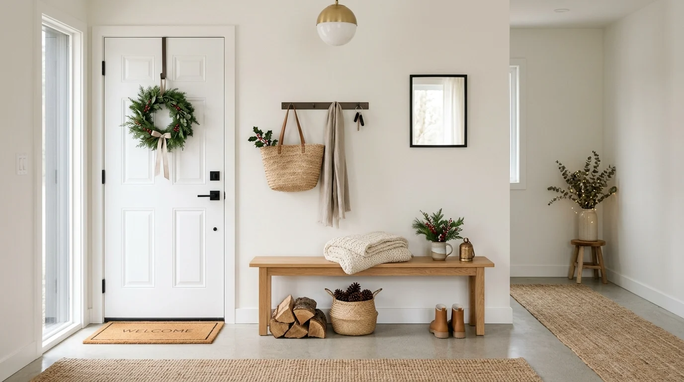 Minimal holiday entryway with small wreath, wooden bench, neutral tones, and subtle seasonal accents for clean welcoming style no people