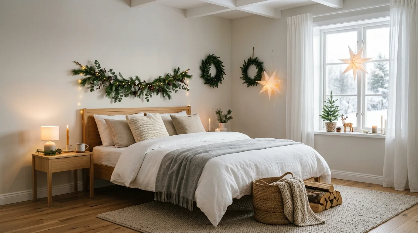 Scandinavian Christmas bedroom with white linens, simple garland, natural textures, and soft ambient lighting for restful festive feel no people