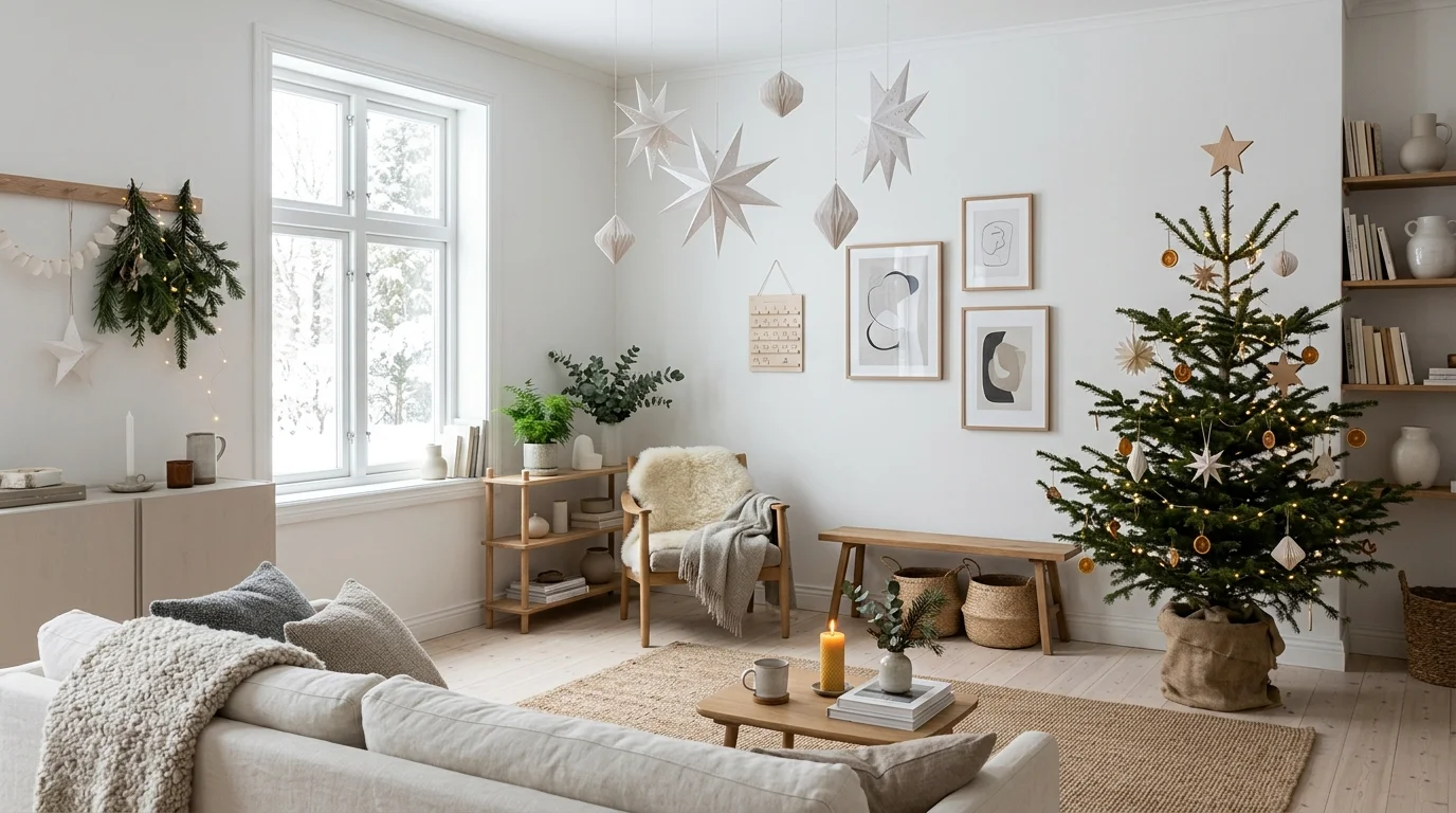 Light-filled Nordic living space with minimal ornaments, paper decorations, and greenery for airy calming holiday vibe no people