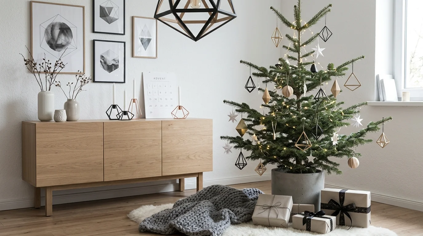 Modern Scandinavian Christmas decor with geometric accents, neutral palette, and subtle festive touches for sleek seasonal look no people