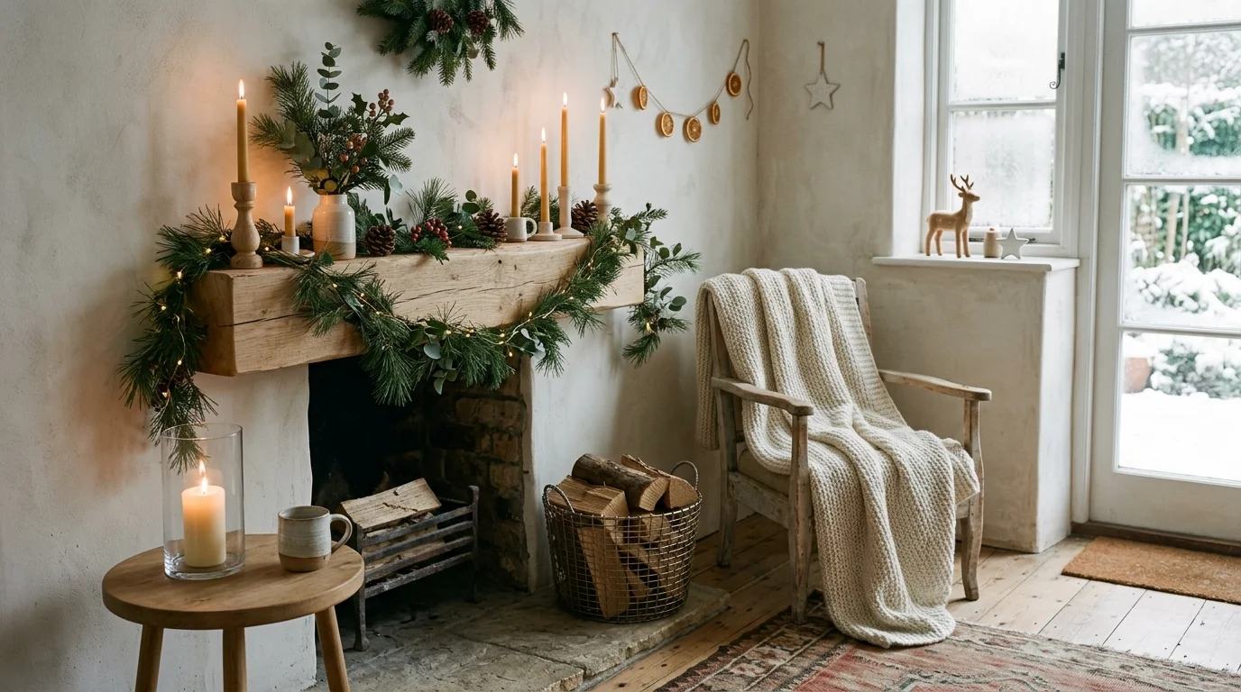 Rustic Nordic holiday decor with natural pine branches, wood accents, and soft candlelight for warm minimalist charm no people