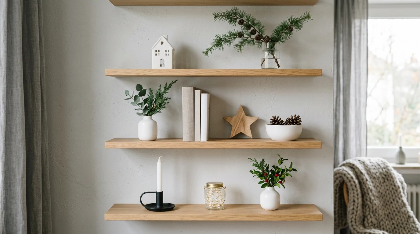 Scandinavian Christmas shelf styling with simple decor pieces, white ceramics, greenery, and uncluttered arrangement for balanced festive display no people
