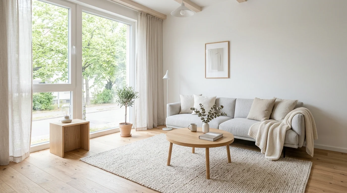 A clean white space with minimal furniture soft textiles and a neutral color palette bright natural lighting airy Scandinavian design no people