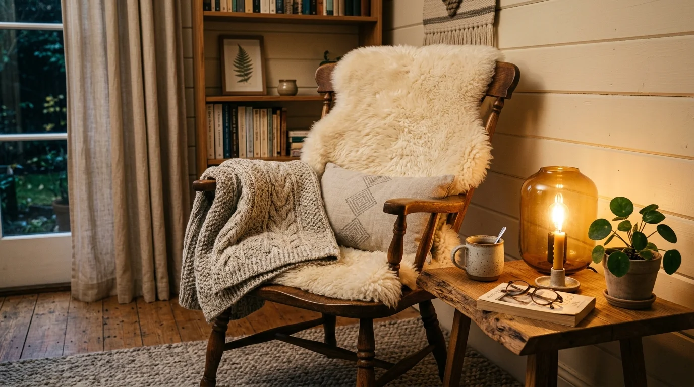 A cozy corner with a wooden chair layered with a sheepskin throw and a small side table soft warm lighting hygge inspired vibe no people