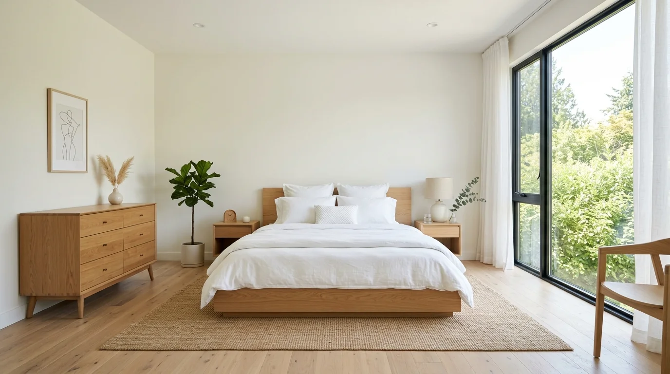 A bedroom with a low platform bed white linens and light wood furniture bright natural daylight calm uncluttered space no people