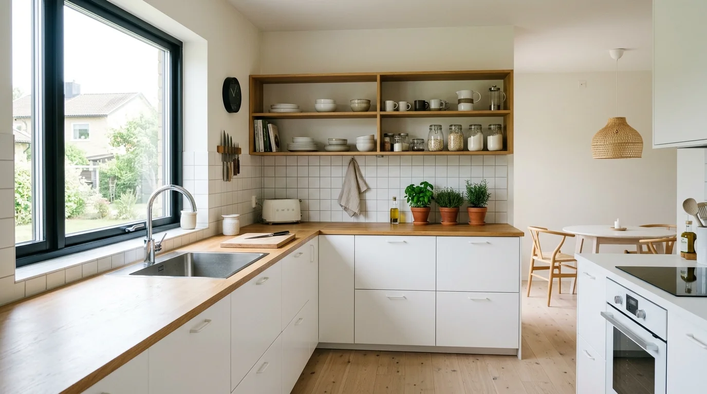 A Scandinavian kitchen with white cabinets open shelving and simple decor bright natural light clean functional design no people