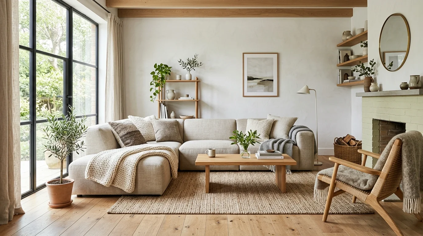 A living room with a mix of textures including wood wool and linen bright natural lighting cozy balanced minimalist style no people