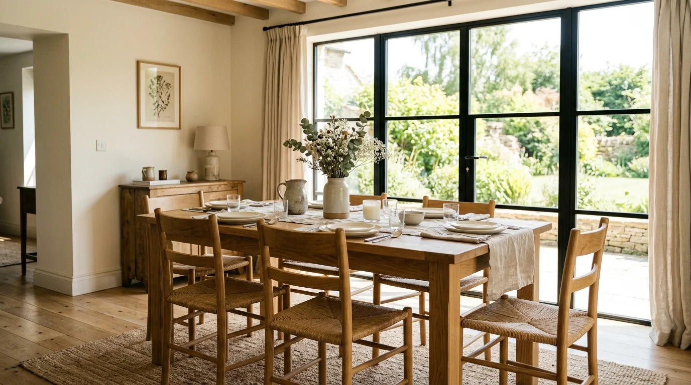 A dining space with a wooden table simple chairs and soft neutral tones bright daylight warm inviting simplicity no people