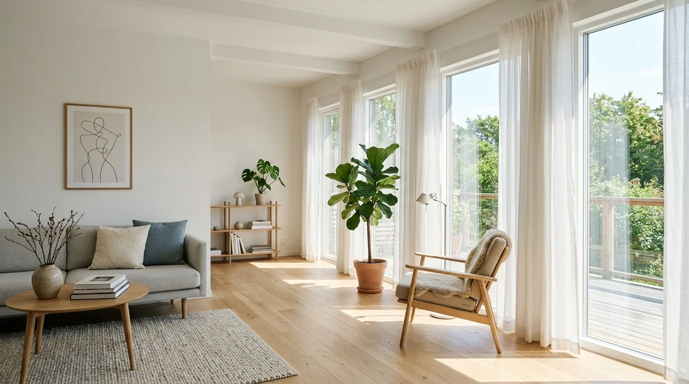 A room with large windows sheer curtains and minimal decor bright natural light open airy Scandinavian feel no people