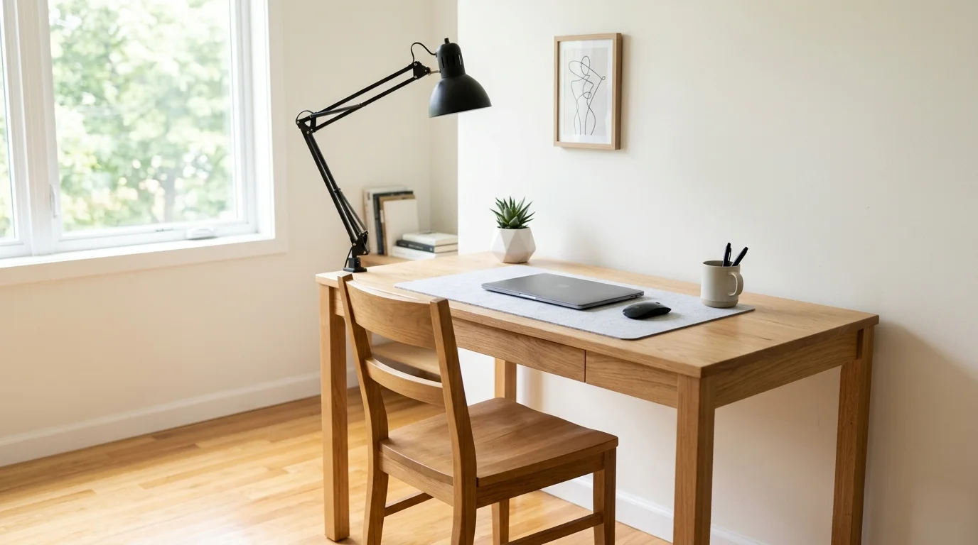 A workspace with a simple desk wooden chair and minimal accessories bright lighting clean productive environment no people
