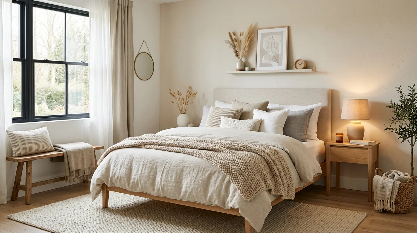 A bedroom with a neutral palette layered with soft textiles and subtle decor soft lighting relaxing Scandinavian retreat no people