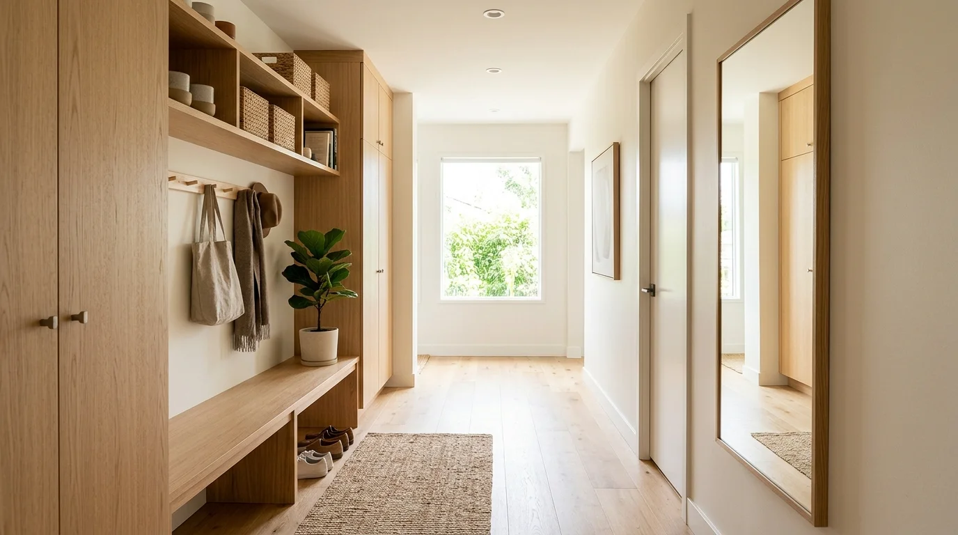 A hallway with simple storage solutions wooden accents and clean lines bright natural daylight organized minimalist look no people