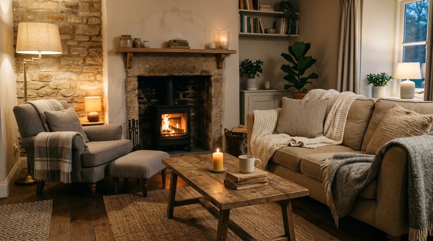 A living room with a fireplace simple furniture and cozy textiles soft warm lighting inviting hygge atmosphere no people