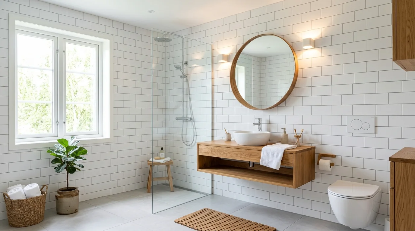 A bathroom with white tiles wooden accents and minimal decor bright lighting fresh clean Scandinavian design no people