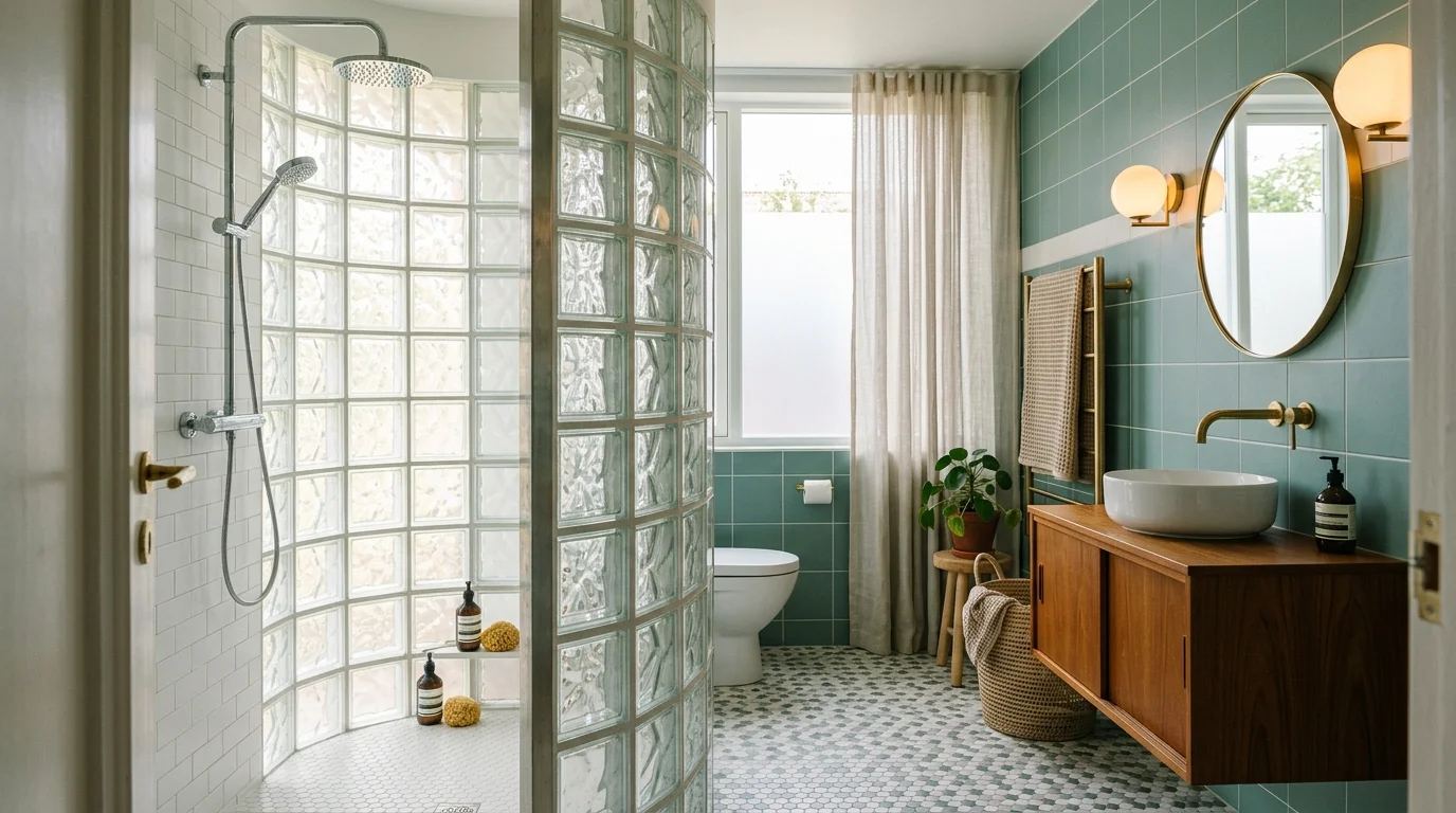 A bathroom with a glass block shower wall creating a bright private space soft lighting stylish retro twist no people