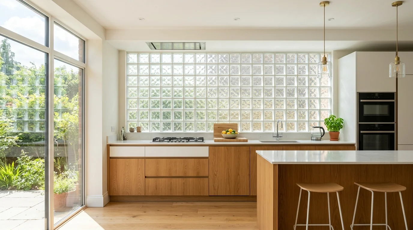 A kitchen with a glass block backsplash reflecting light bright natural daylight unique modern design no people