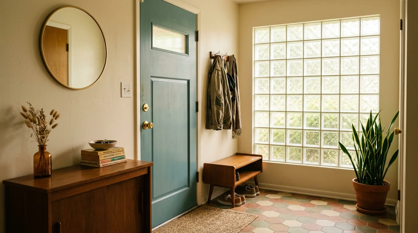 An entryway with a glass block window letting in diffused sunlight bright lighting welcoming retro aesthetic no people