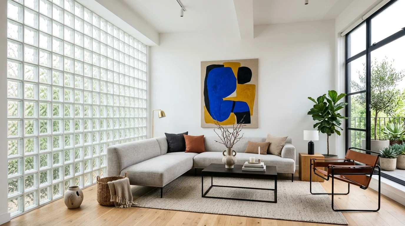 A living space with a glass block feature wall paired with minimalist furniture bright natural light bold statement decor no people