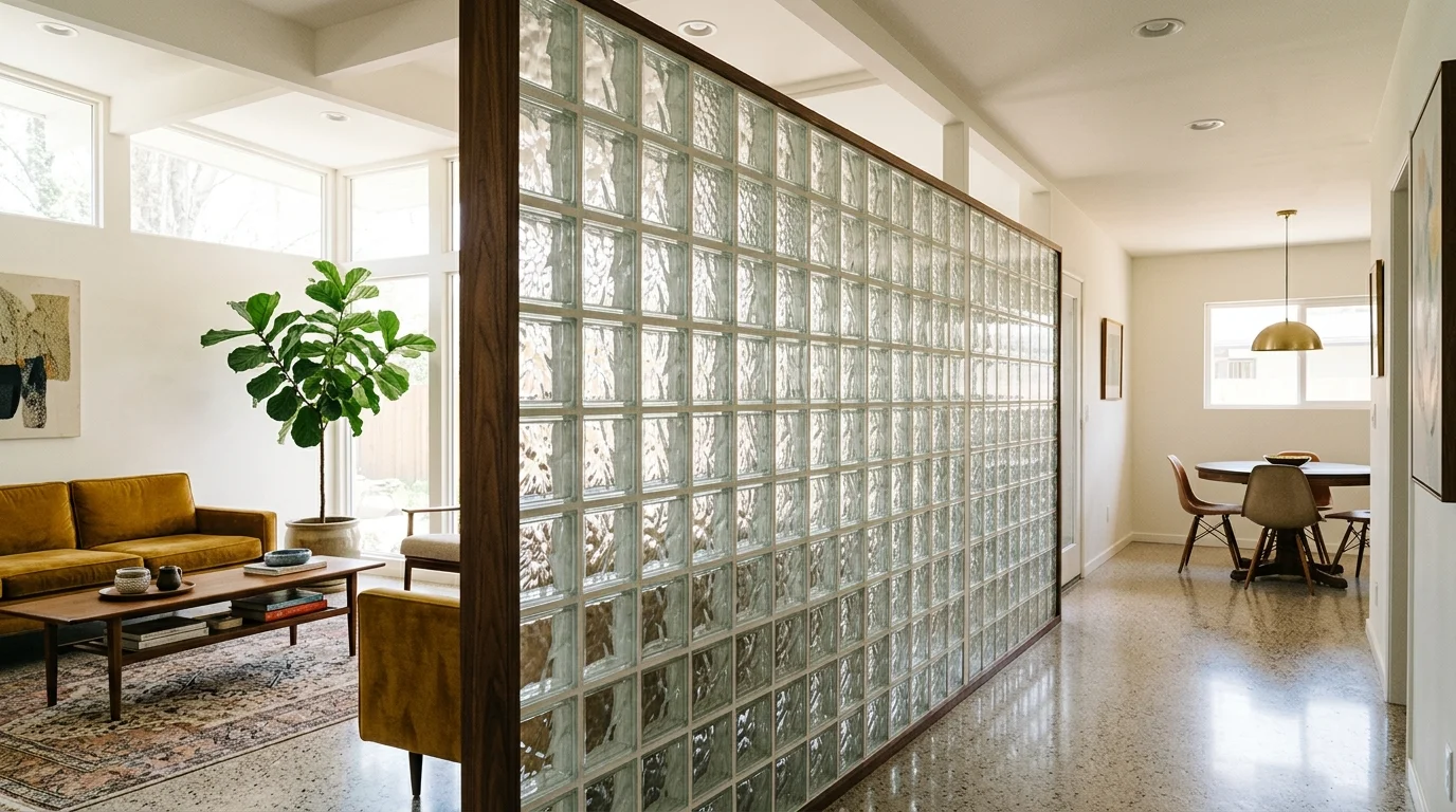 A room divider made of glass blocks separating areas while maintaining openness bright lighting sleek retro design no people