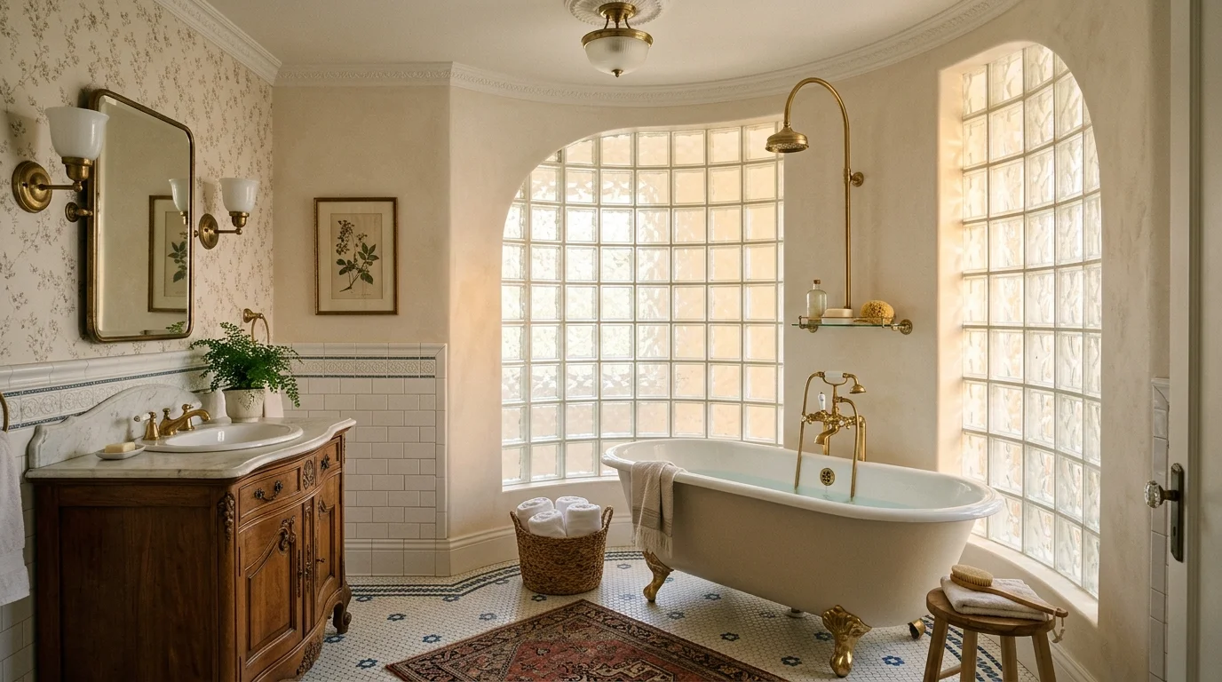 A bathroom with a curved glass block wall soft lighting elegant vintage inspired design no people