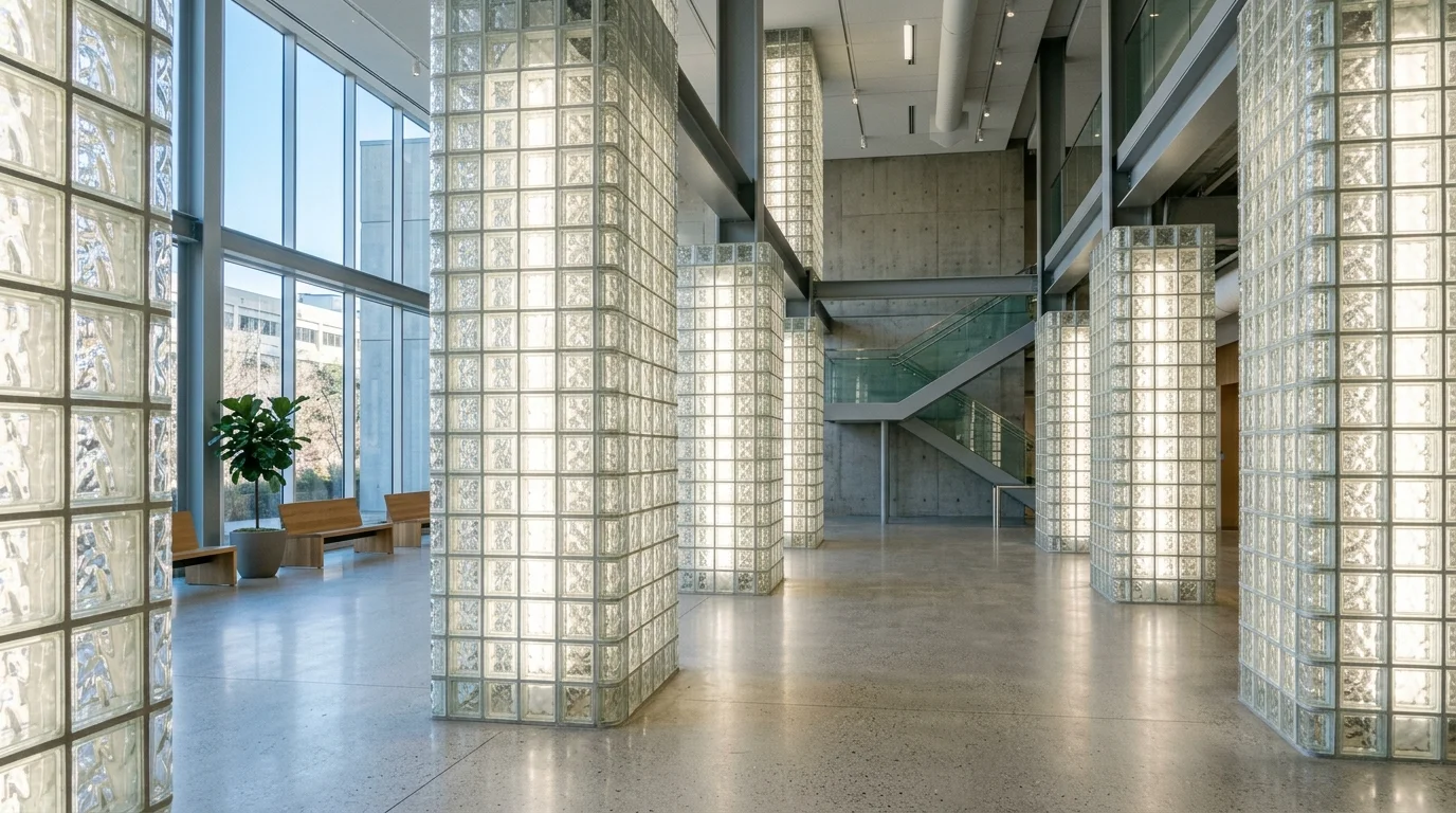 A space with glass block columns used as architectural accents bright natural daylight creative structural decor no people