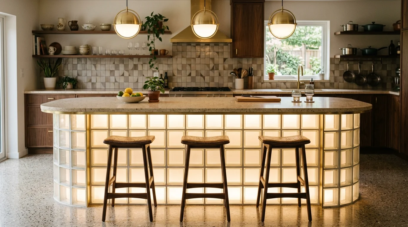 A kitchen island base built with glass blocks glowing softly with lighting modern retro fusion design no people