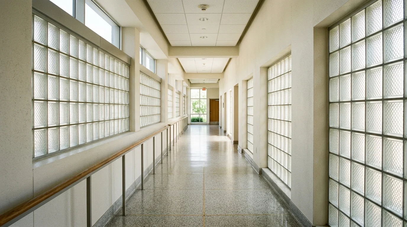 A hallway with glass block inserts in walls allowing light flow bright natural daylight airy retro feel no people