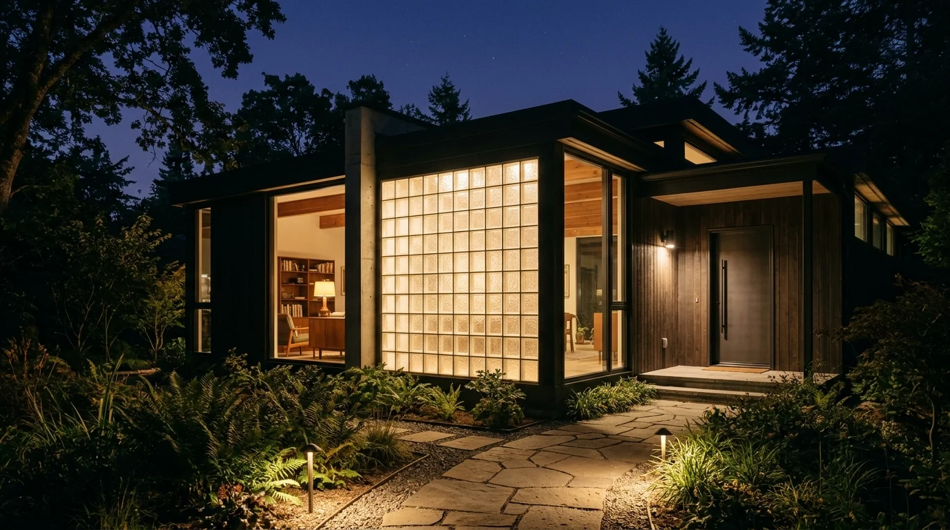 A modern home with illuminated glass blocks creating a glowing wall feature soft ambient lighting stylish retro vibe no people