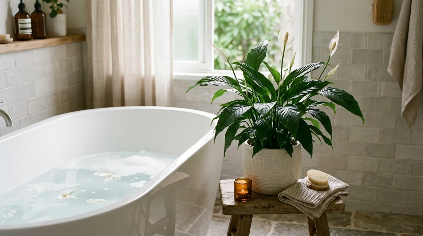 A peace lily placed beside a bathtub with glossy green leaves and white blooms soft diffused lighting moisture loving plant decor no people